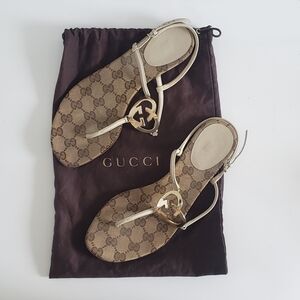 Gucci Monogram Gold & Cream Leather Strappy Thong Sandals w/ Heart Logo Metal